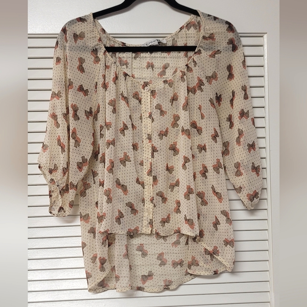 Forever 21 - Sheer Bow & Polka-Dot Pattern 3/4 Sleeves Button Top